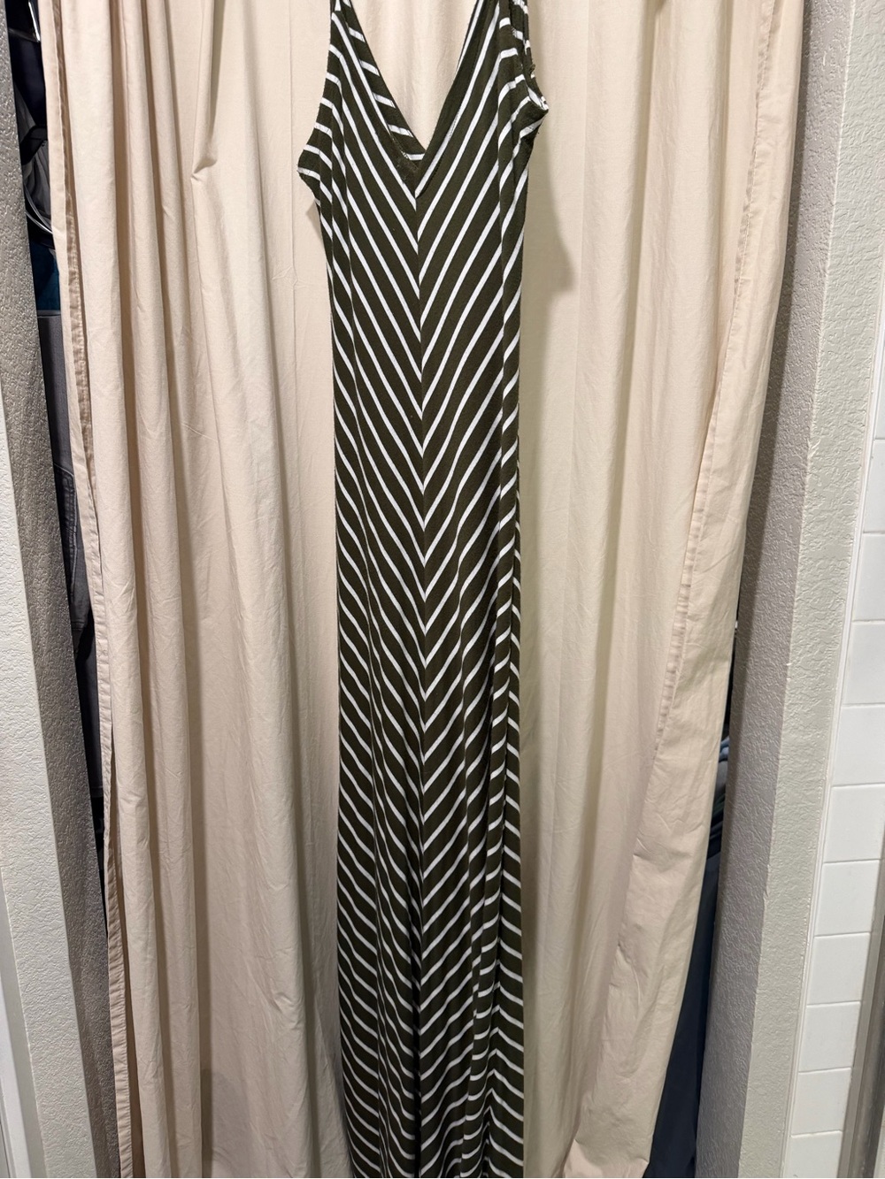 iris Olive Green and White Striped V-Neck Maxi Dress